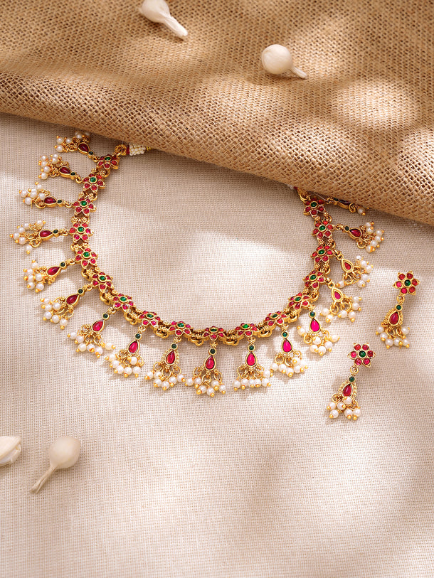 Gold Plated Ruby Blossom Kemp Pearl Drop Gold Choker Set