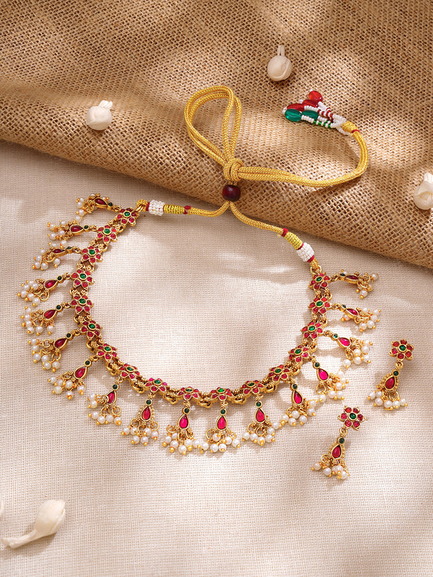 Gold Plated Ruby Blossom Kemp Pearl Drop Gold Choker Set