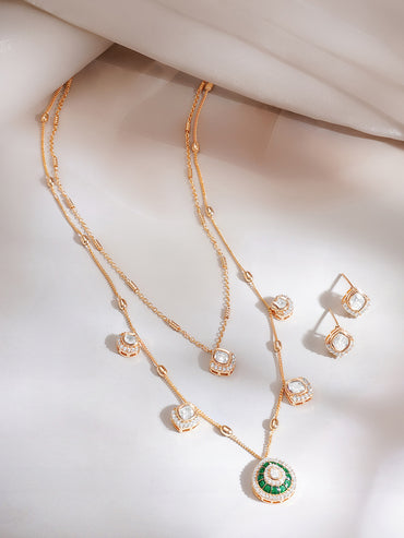Gold Plated Emerald Halo Polki Layered Necklace Set
