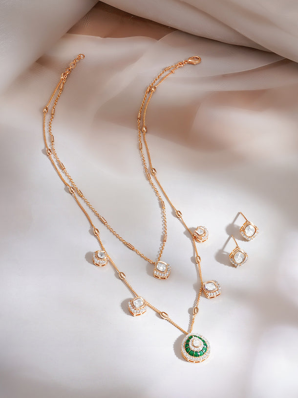 Gold Plated Emerald Halo Polki Layered Necklace Set