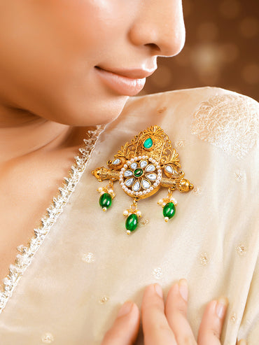 Antique Gold Plated Green Kundan Floral Statement Brooch