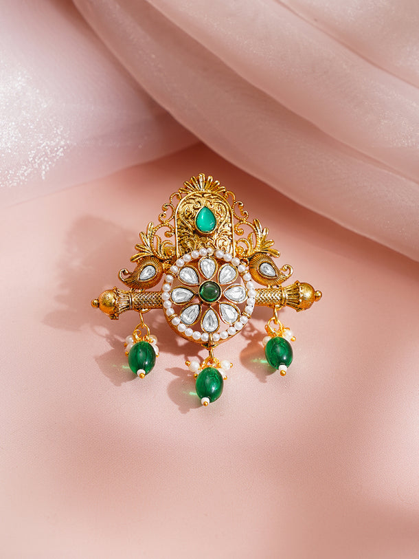 Antique Gold Plated Green Kundan Floral Statement Brooch