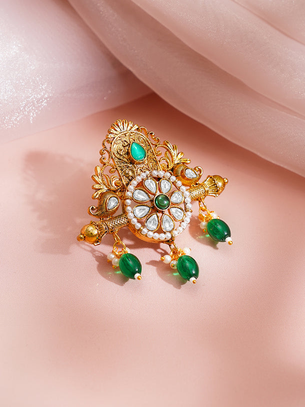 Antique Gold Plated Green Kundan Floral Statement Brooch