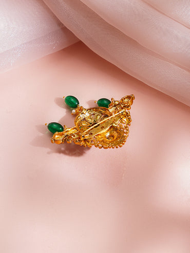 Antique Gold Plated Green Kundan Floral Statement Brooch