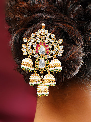 Gold Plated Pearl Beaded Kundan Hair Accessory