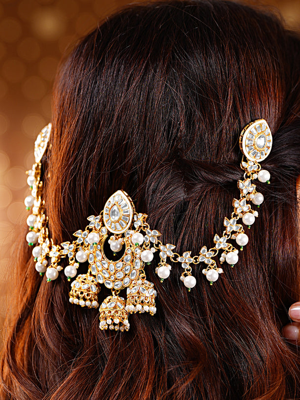 Gold Plated Pearl Beaded Kundan Hair Accessory