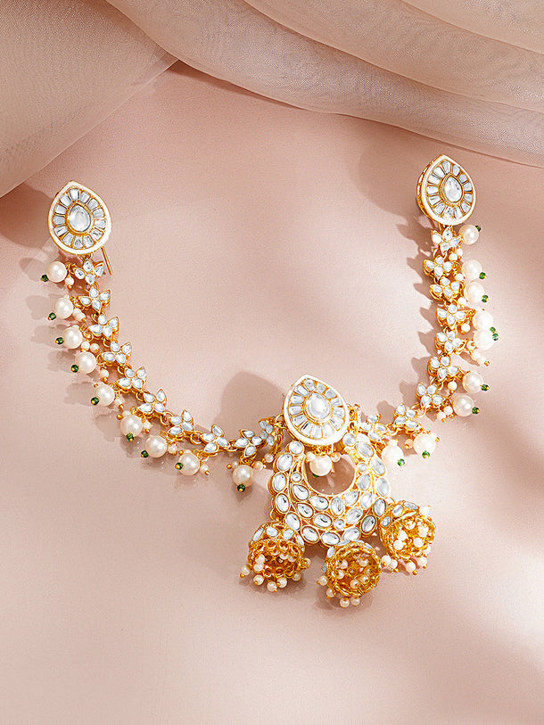 Gold Plated Pearl Beaded Kundan Hair Accessory