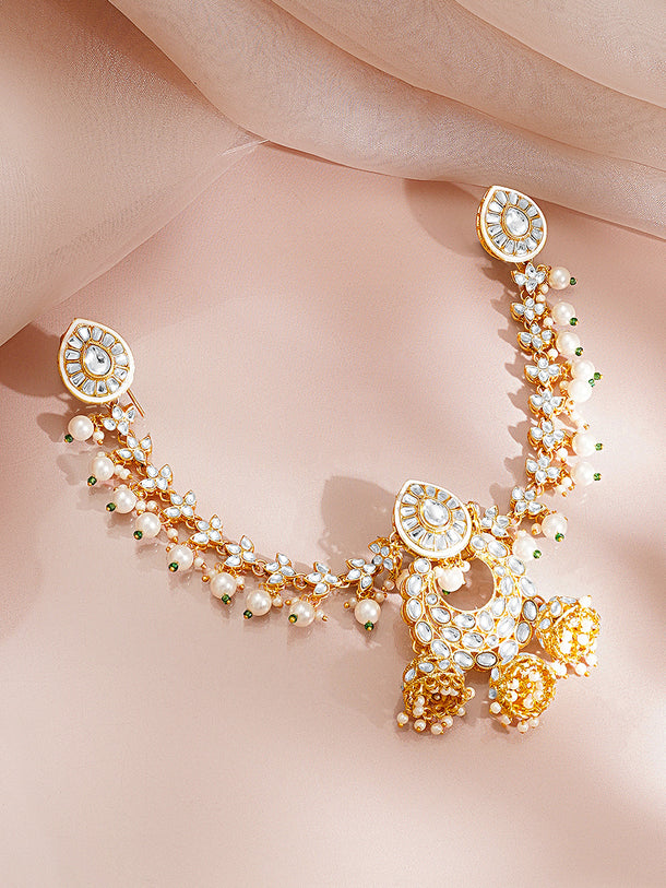Gold Plated Pearl Beaded Kundan Hair Accessory