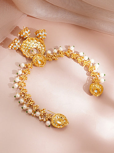 Gold Plated Pearl Beaded Kundan Hair Accessory