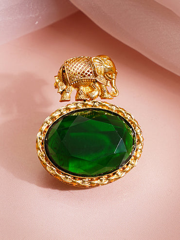 Antique Gold Plated Emerald Crystal Elephant Motif Statement Brooch