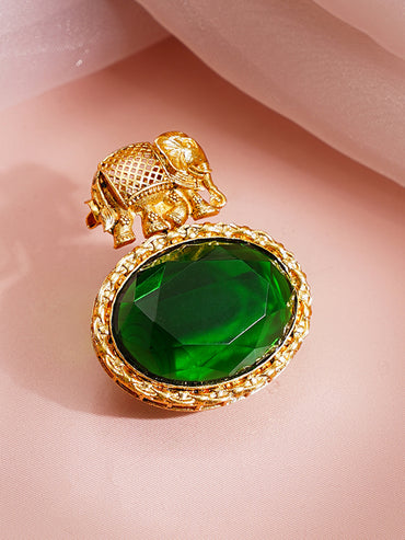 Antique Gold Plated Emerald Crystal Elephant Motif Statement Brooch