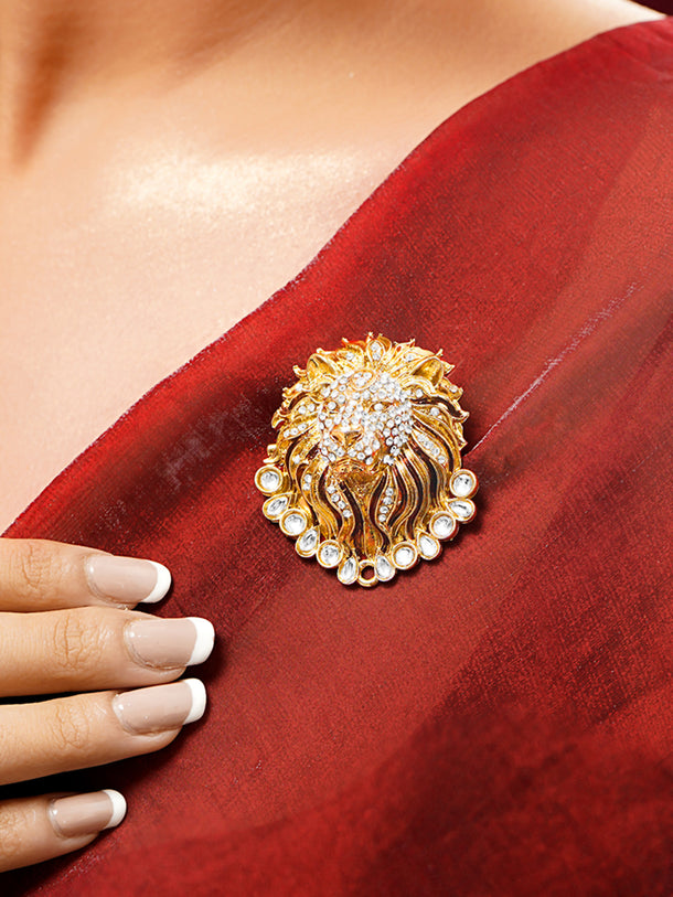 Gold Plated Regal Lion Crystal Statement Brooch