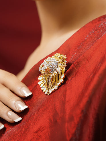 Gold Plated Regal Lion Crystal Statement Brooch