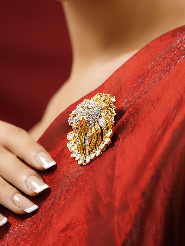 Gold Plated Regal Lion Crystal Statement Brooch