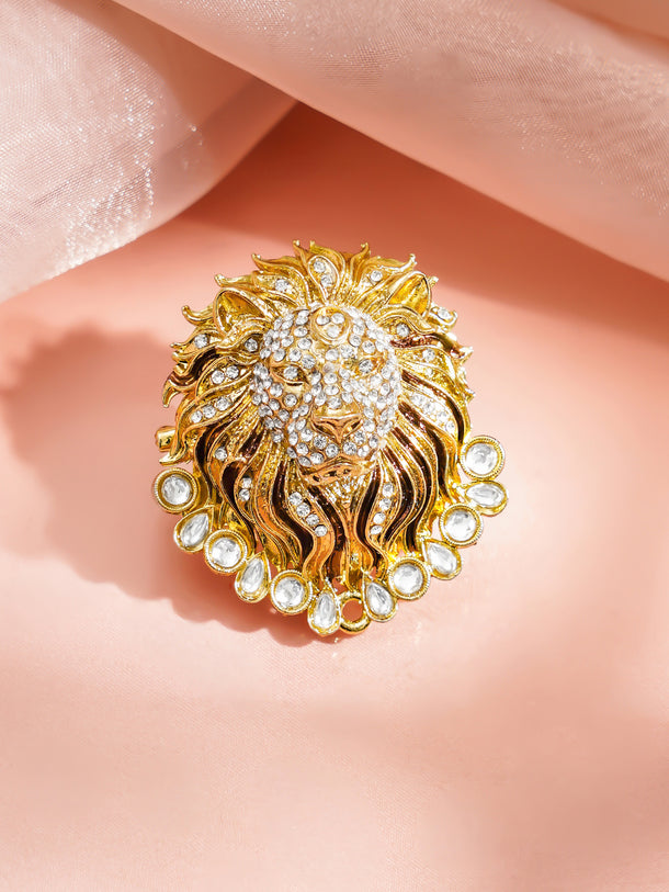 Gold Plated Regal Lion Crystal Statement Brooch