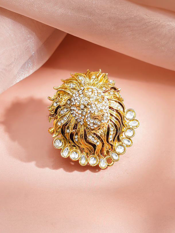 Gold Plated Regal Lion Crystal Statement Brooch