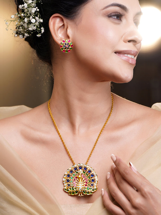 Gold Plated Multicolor Crystal Peacock Pendant Necklace Set