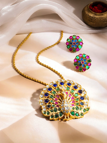 Gold Plated Multicolor Crystal Peacock Pendant Necklace Set