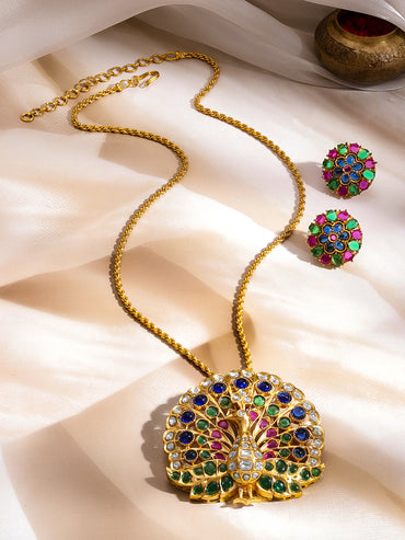 Gold Plated Multicolor Crystal Peacock Pendant Necklace Set