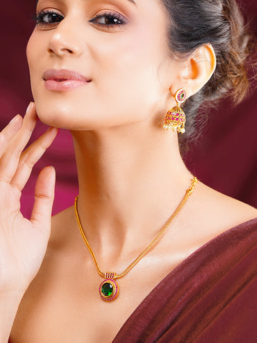 Gold Plated Emerald Medallion Statement Pendant Set