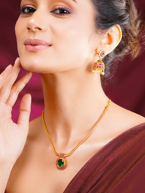 Gold Plated Emerald Medallion Statement Pendant Set