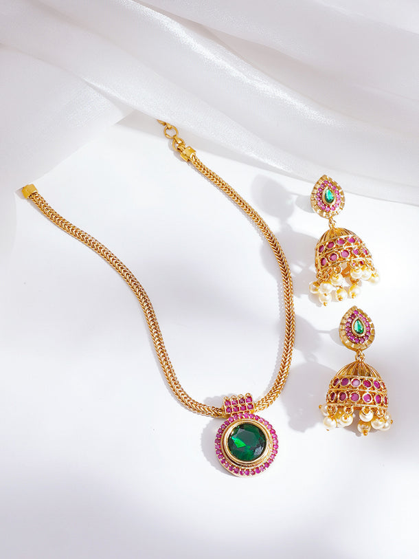 Gold Plated Emerald Medallion Statement Pendant Set