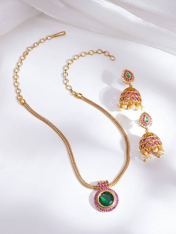 Gold Plated Emerald Medallion Statement Pendant Set