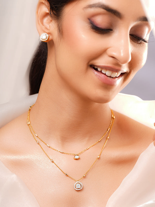 Gold Plated Glow Polki Double Layer Pendant Set