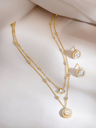 Gold Plated Glow Polki Double Layer Pendant Set