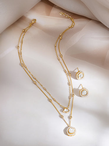 Gold Plated Glow Polki Double Layer Pendant Set