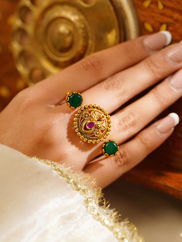 Gold Plated Peacock Motif Emerald Green Ring