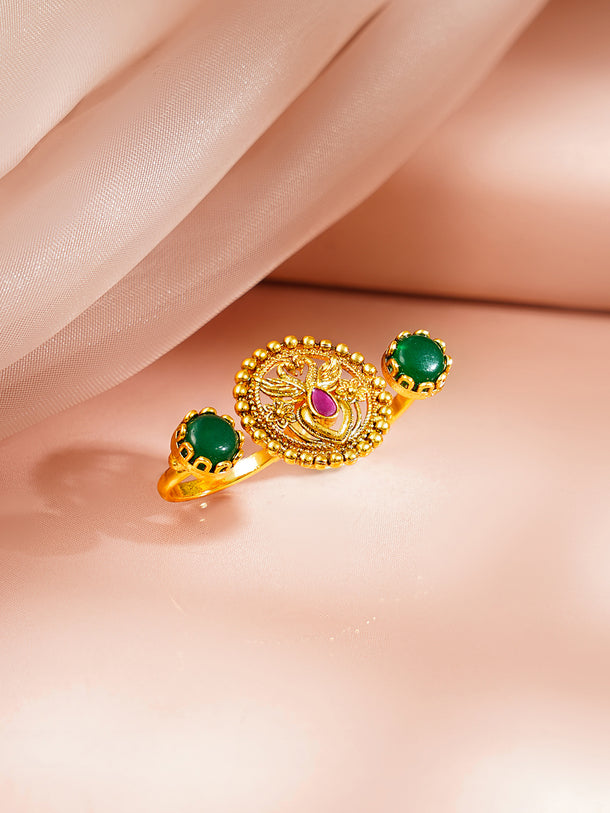 Gold Plated Peacock Motif Emerald Green Ring