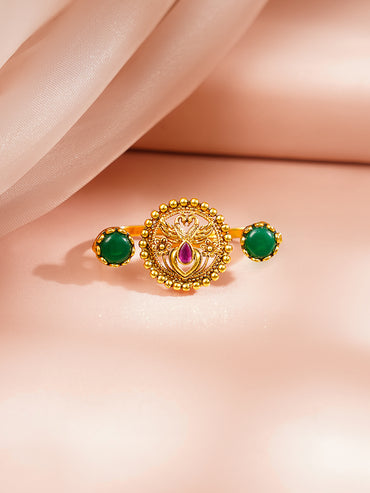Gold Plated Peacock Motif Emerald Green Ring