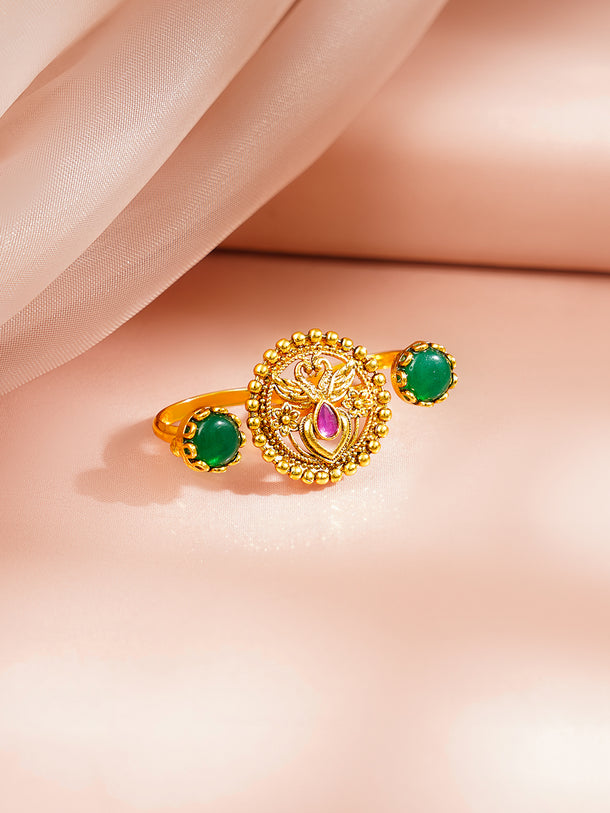 Gold Plated Peacock Motif Emerald Green Ring