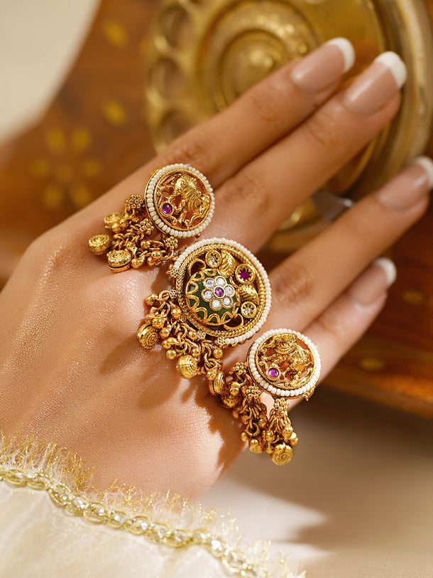 Gold Plated Elephant Motif Kundan Ring With Pearl & Bead Drop Detailing