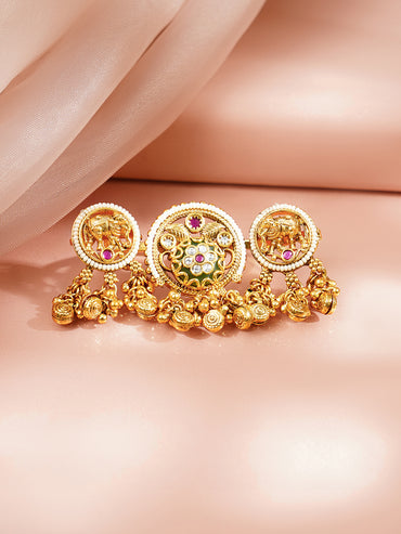 Gold Plated Elephant Motif Kundan Ring With Pearl & Bead Drop Detailing