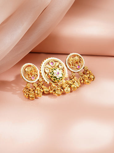Gold Plated Elephant Motif Kundan Ring With Pearl & Bead Drop Detailing