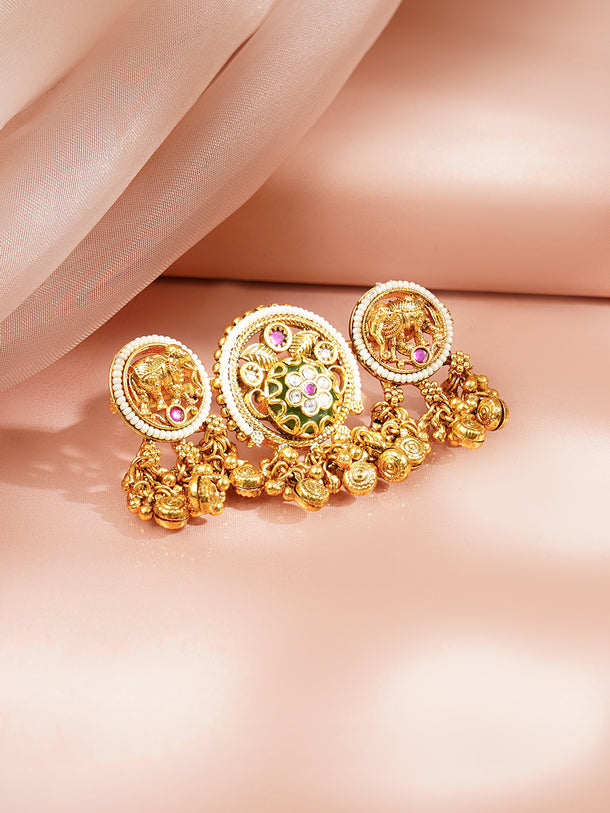 Gold Plated Elephant Motif Kundan Ring With Pearl & Bead Drop Detailing