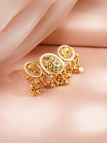 Gold Plated Elephant Motif Kundan Ring With Pearl & Bead Drop Detailing