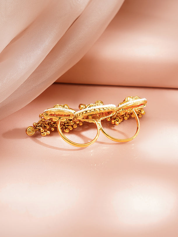Gold Plated Elephant Motif Kundan Ring With Pearl & Bead Drop Detailing