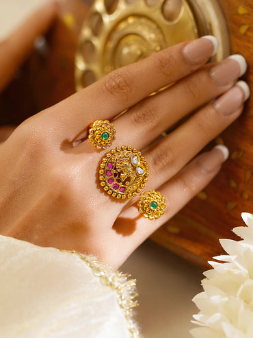 Gold Plated Elephant Motif Pink & Green Kundan Ring