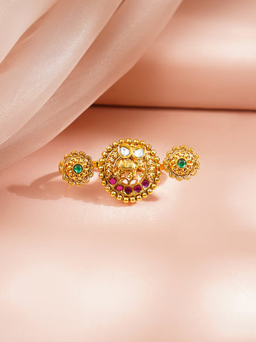 Gold Plated Elephant Motif Pink & Green Kundan Ring