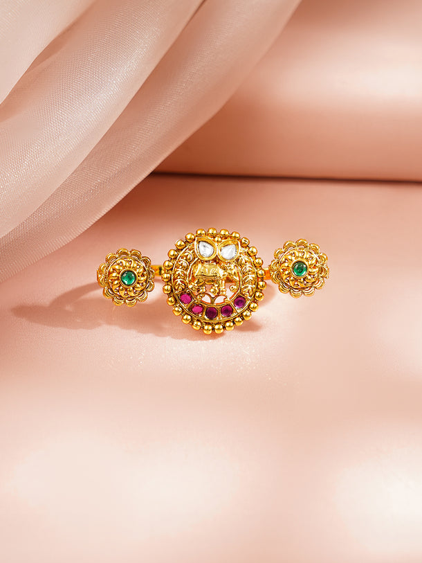 Gold Plated Elephant Motif Pink & Green Kundan Ring