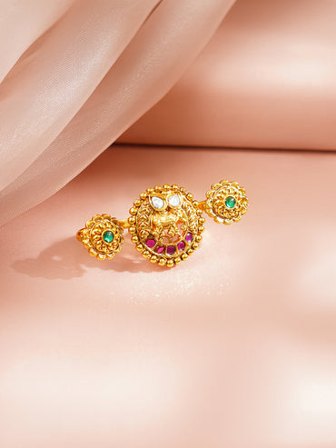 Gold Plated Elephant Motif Pink & Green Kundan Ring