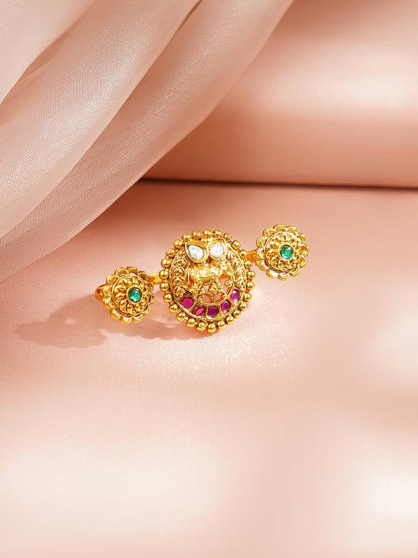 Gold Plated Elephant Motif Pink & Green Kundan Ring