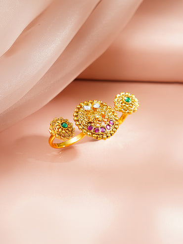 Gold Plated Elephant Motif Pink & Green Kundan Ring