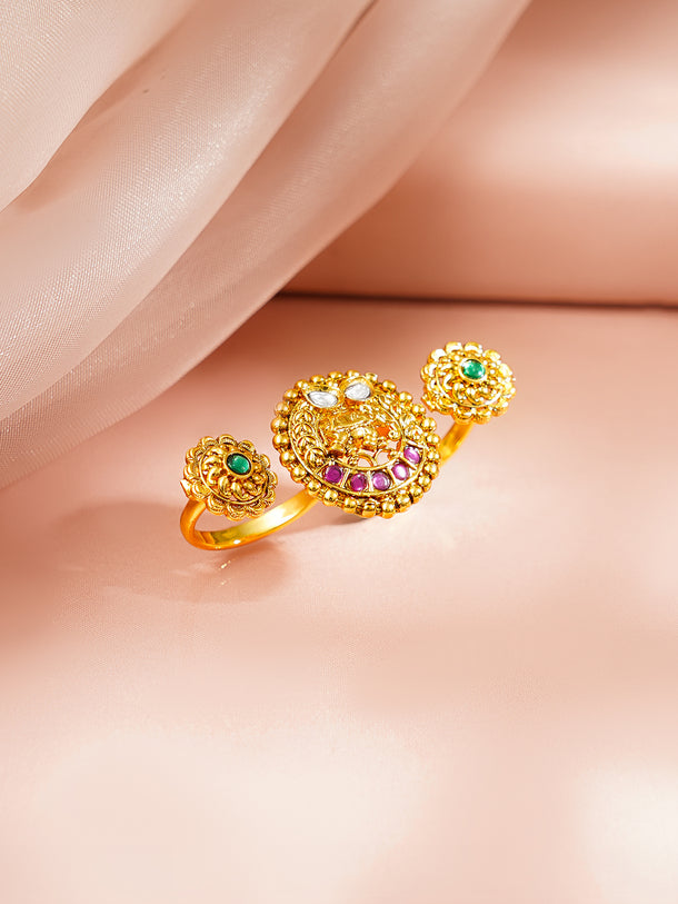 Gold Plated Elephant Motif Pink & Green Kundan Ring