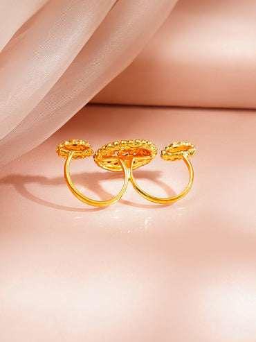 Gold Plated Elephant Motif Pink & Green Kundan Ring