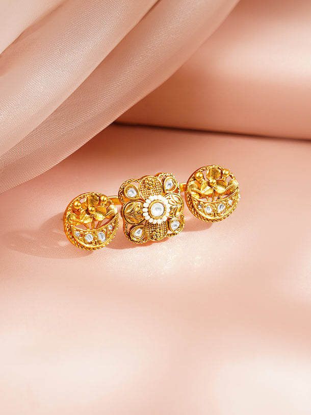 Gold Plated Floral Design Kundan Ring