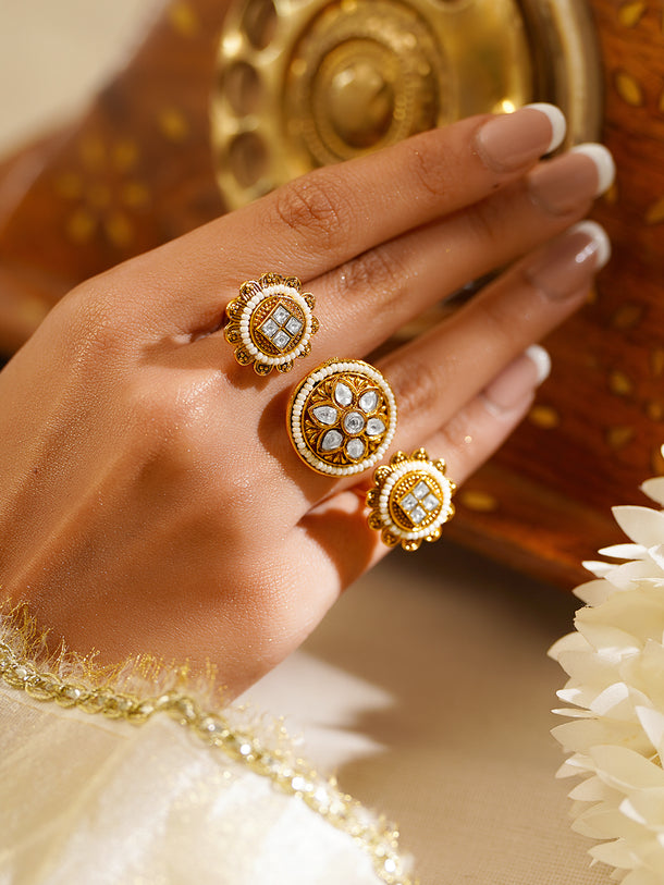 Gold Plated Floral Design Kundan Ring